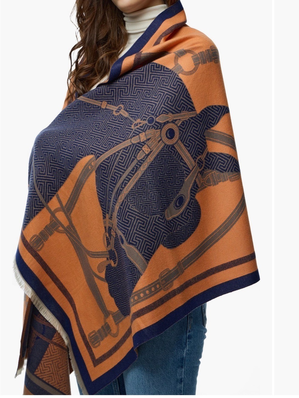 Orange & Navy horse print reversible 
scarf - Picture 4 of 8